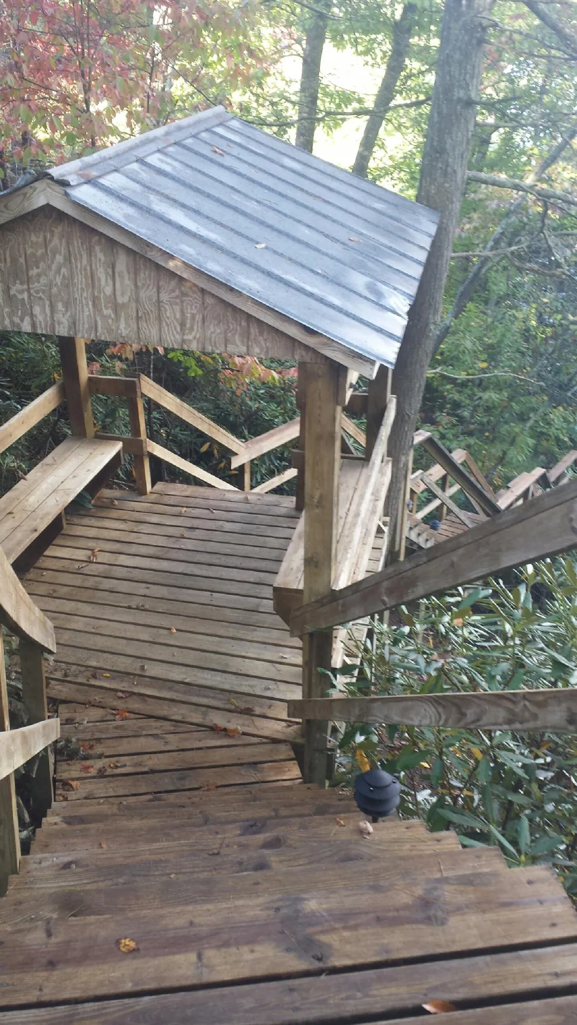 Metal roofed shelter over wooden steps on a wooded walkway — Skylight Repair & Installation work by our crew in Dufur